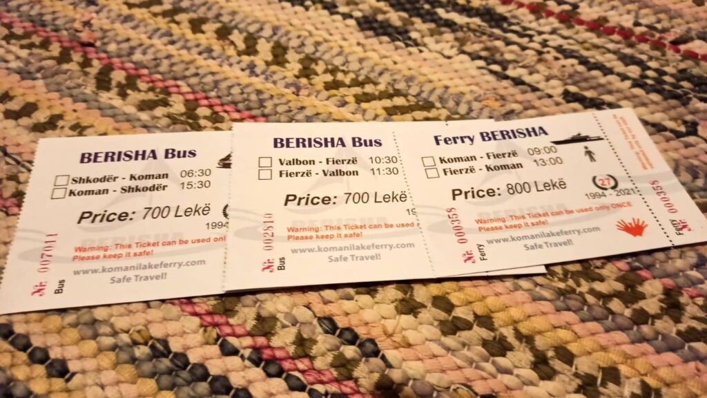 Buses tickets for the Theth-Valbona hike.
